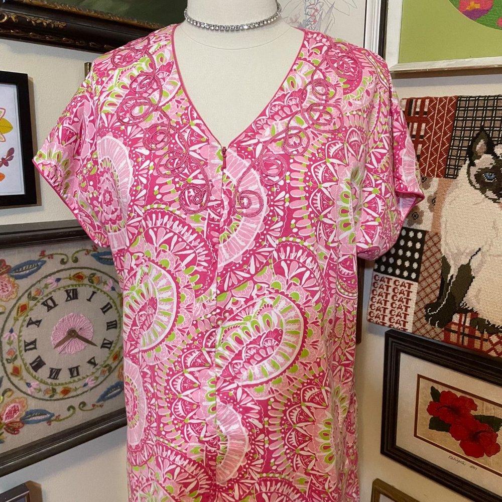 Super Soft Pink Green White V-Neck Short Sleeve Zip Front House Dress Coverup 2X - Picture 2 of 4
